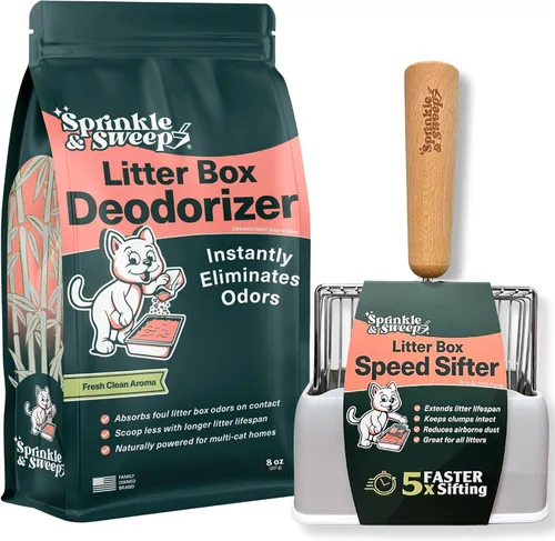 Sprinkle & Sweep Desodorizador de Caja de Arena – Desodorizante de arena para gatos no tóxico y seguro para gatitos – Elimina instantáneamente los