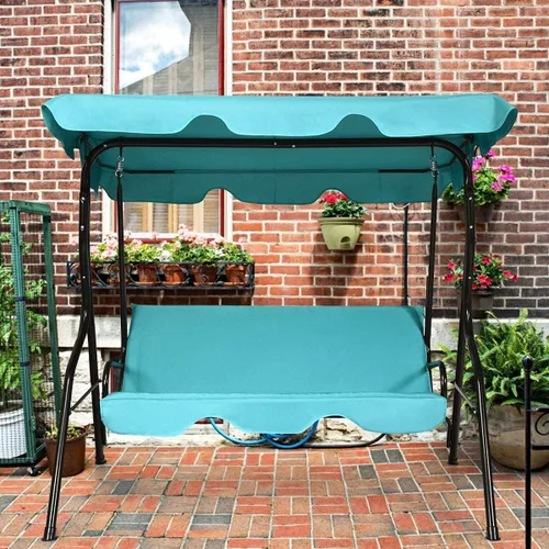 Miniatura 8 de Silla de columpio con toldo de 3 plazas, asiento acolchado impermeable para exteriores con toldo ajustable y extraíble, marco de acero, tela