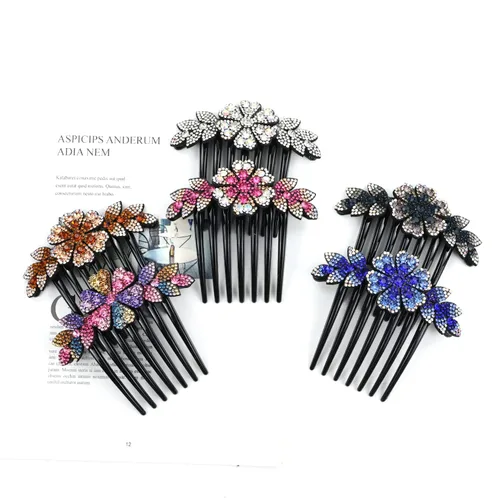 Miniatura 7 de Lawie Paquete de 6 peines de pelo de lujo con purpurina brillante y diseño de hojas de flores y diamantes de imitación negros laterales franceses