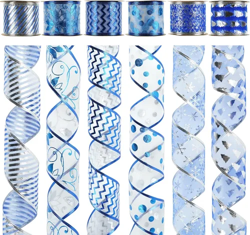 Miniatura 23 de MEEDEE Cinta de Navidad turquesa de 2.5 pulgadas, 6 rollos, 36 yardas, azul y plateado para árbol de Navidad