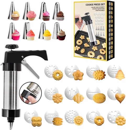 Pistola de prensa de galletas negra - Kit de prensa de galletas Spritz con 13 discos y 8 puntas de tubería | Perfecto para Acción de Gracias,