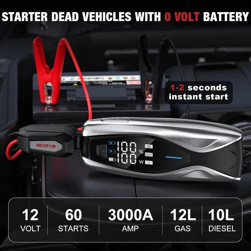 Miniatura 2 de NEXPOW Arrancador de coche X7 3000A, batería portátil de 12 V con carga rápida bidireccional PD de 60 W, pantalla HD de 3.2 pulgadas, hasta 12 L