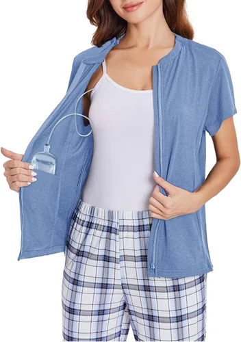Miniatura 14 de Deyeek Camisas de mastectomía con bolsillos de drenaje Tops post cirugía de hombro para mujeres con puerto de quimio manga corta con cremalleras