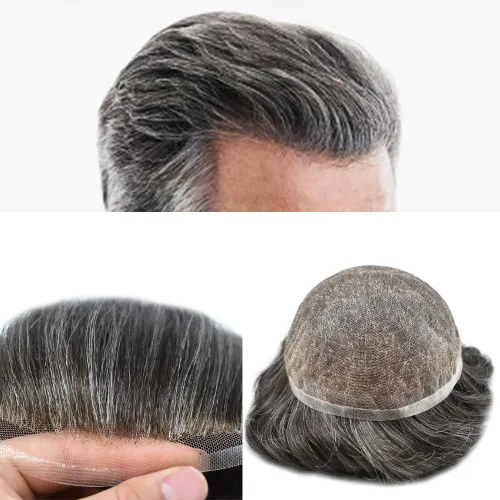 Miniatura 256 de Toupee para hombres nudos blanqueados hombres toupee hairpieces europeo virgen sistema de reemplazo de cabello humano suave encaje francés hombres