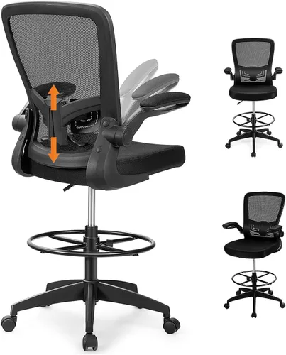 Giantex Silla de dibujo, sillas de oficina con respaldo alto y reposapiés, reposabrazos abatibles, altura ajustable, silla de escritorio ejecutiva