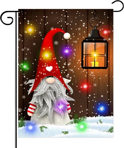 Bandera de jardín iluminada de Navidad con gnomo, bandera de doble cara para casa rústica de invierno, decoración de jardín, nueva bandera vintage
