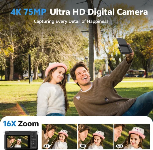 Miniatura 2 de Cámara digital para fotografía, cámaras de vlogging 4K de 75 MP, cámara con zoom 16x y enfoque automático con pantalla abatible de 180° de 3
