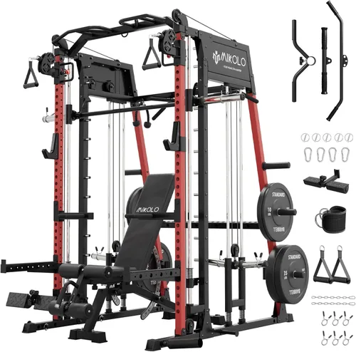 Miniatura 24 de Máquina de Smith Mikolo, banco de sentadillas de 2200lbs con sistema de tracción LAT y máquina de cruce de cables, equipo de entrenamiento con Rojo