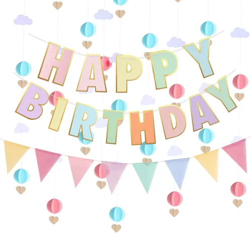 Cartel y decoraciones de feliz cumpleaños preencordadas – Decoraciones de cumpleaños para niñas – Guirnalda 3D con banderines en colores pastel