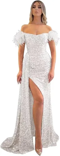 Miniatura 38 de Vestidos de fiesta de lentejuelas con hombros descubiertos, vestido formal de sirena brillante, vestido largo de fiesta de noche con abertura