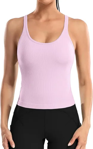 Miniatura 122 de ATTRACO Camiseta corta acanalada de entrenamiento para mujer con brasier integrado para yoga, espalda cruzada, ajuste ajustado
