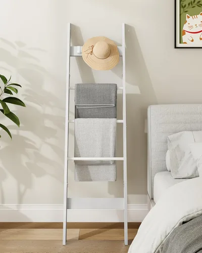 Miniatura 6 de Hzuaneri Escalera para manta para sala de estar, estante decorativo para edredón con 4 ganchos extraíbles, 5 niveles de soporte de escalera de Blanco