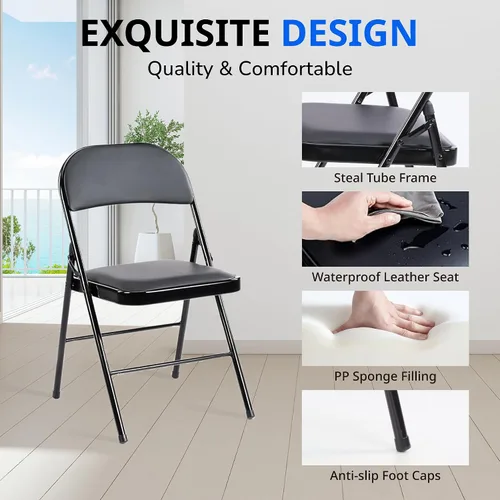 Miniatura 4 de Alpen Paquete de 4 sillas plegables, fáciles de usar y almacenar para la oficina en casa, fiestas, interiores y exteriores, acolchado de cuero