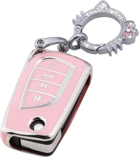 Pangpai Funda de llavero rosa para Toyota, funda de TPU suave con llavero brillante para Toyota Fortuner Tundra Camry RAV4 Highlander Corolla Smart