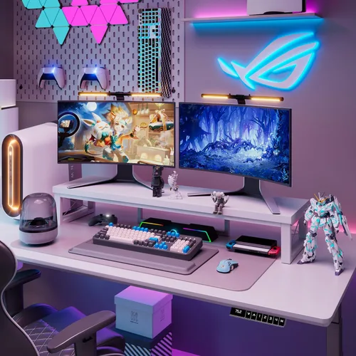 Miniatura 7 de IBUYKE Soporte elevador grande para monitor doble para 2 monitores, soporte de madera para monitor de computadora de escritorio, estante de Blanco