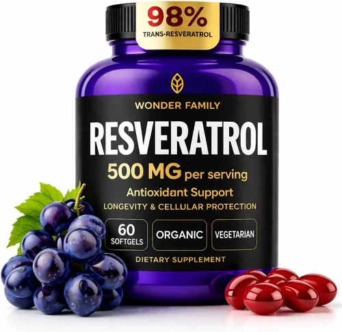 WONDER FAMILY Suplemento de resveratrol 500 mg – Complejo orgánico de 98% de resveratrol trans – NAD Resveratrol antioxidantes y suplemento