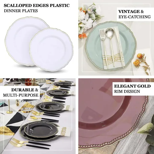 Miniatura 4 de Efavormart - Paquete de 10 platos llanos de plástico con borde festoneado negro/dorado de 9 pulgadas, platos desechables para fiestas de bodas