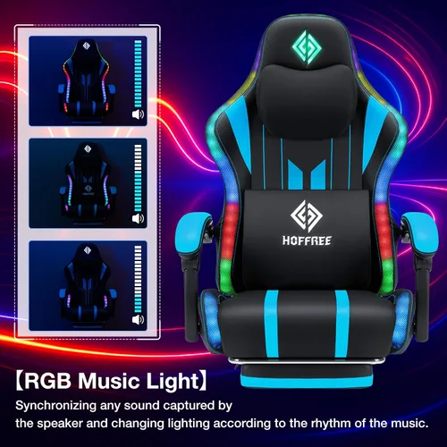 Miniatura 3 de HOFFREE Silla Gaming con Luces LED RGB de Ritmo Musical y Altavoces Bluetooth Silla Ergonómica de Gaming para Computadora con Masaje y Reposapiés