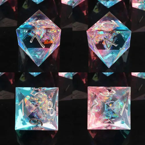 Miniatura 8 de Haxtec Juego de dados brillantes de borde afilado, dados DND de resina hechos a mano con inclusión de Mylar iridiscente, mezcla de color morado Azul