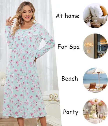 Miniatura 5 de IZZY + TOBY Camisones de algodón de manga larga para mujer, camisón de algodón suave para mujer, camisón largo para dormir
