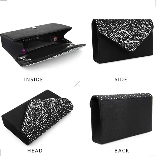 Miniatura 6 de Milisente Bolsa de noche para mujer, con diamantes de imitación con purpurina, para boda, bolsa de noche, sobre de cristal, bolsa cruzada