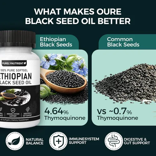 Miniatura 6 de PurelyNUTRIENT Cápsulas de aceite de semilla negra etíope con 4.64% de timoquinona, apoyo inmunológico y refuerzo de la digestión y energía, sin