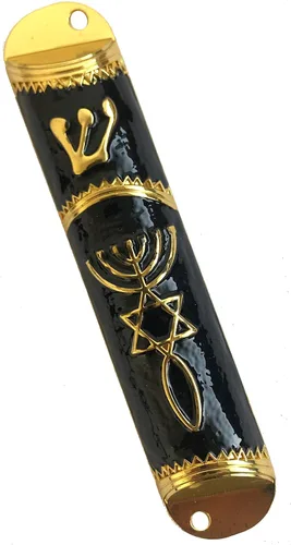 Holy Land Market Sello Mesiánico - Funda para mezuzá de 4 pulgadas con pergamino incluido, mezuzá judía pequeña (negro - marco dorado)