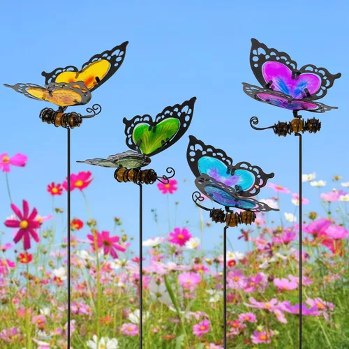 Miniatura 16 de Estacas de jardín de mariposas, kit de mariposa hecho de vidrio y metal, mariposas coloridas decoraciones de jardín pueden hacer que el jardín esté