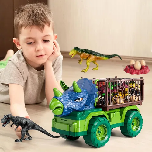 Miniatura 9 de Juguetes de dinosaurio para niños de 3 a 5 años, juego de camión de transporte de dinosaurios con 8 figuras de dinosaurio y tapete de juego, regalo