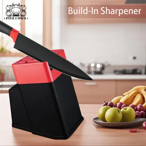 Miniatura 7 de Juego de 14 piezas de bloque de cuchillos de cocina con afilador, cuchillos de chef de acero inoxidable de alto carbono alemán, hoja de afeitar Rojo