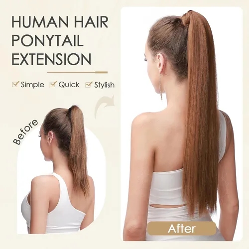 Miniatura 4 de Benehair Extensión de cola de caballo envolvente con pasta mágica, extensiones de cabello humano natural largo lacio de una pieza para mujeres, 22