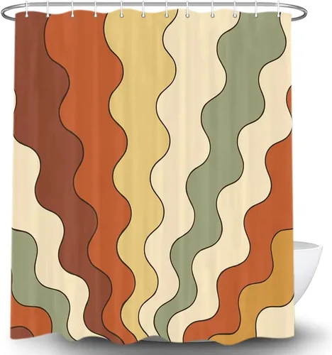 Miniatura 13 de Neutral Muted Earth Tone Wavy Shower Curtain Mid Century Modern Sage Taupe Blush Abstract Boho Bathroom Curtain Set with Hooks 36x72 Inch