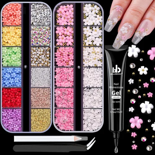 Miniatura 19 de Dijes para uñas 3D, kit de manicura con gel de pegamento de diamantes de imitación para uñas (curado UV), mariposa blanca rosa flor gemas AB 03-2