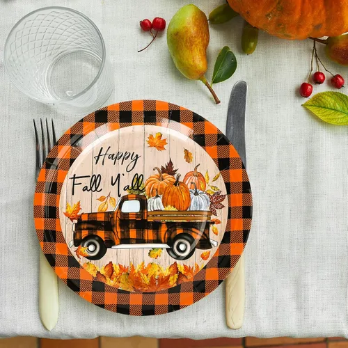 Miniatura 6 de Whaline 40 platos de papel de otoño de 9 pulgadas, platos de papel desechables a cuadros de búfalo naranja y negro, platos de papel desechables