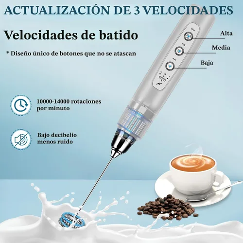 Miniatura 3 de BSRGMS Espumador de leche de mano para café, batidor eléctrico de 3 velocidades ajustables, mezclador de bebidas con 3 batidores de acero Plateado