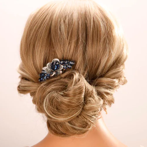 Aimimier Peines para el cabello con cristales de flores, delicados peines de aleación para el cabello, accesorios para el cabello para mujeres y Azul