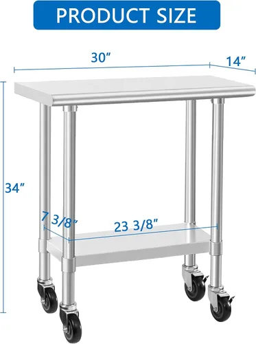 Miniatura 3 de HARDURA Mesa comercial de acero inoxidable para preparación y trabajo con ruedas, mesa de metal resistente con ruedas, NSF 430, 14 x 30 pulgadas