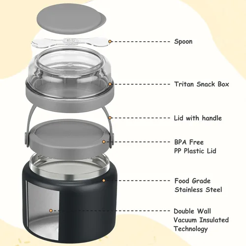 Miniatura 4 de Termo 2 en 1 para alimentos calientes con contenedor de bocadillos Tritan de 13.5 oz, tarro de alimentos aislado para almuerzo de niños, tarro