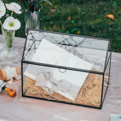 Miniatura 5 de NCYP - Caja de tarjetas de vidrio con tapa para micro boda, cumpleaños, recepción de fiesta, 10.2 x 5.9 x 8.2 pulgadas, tarjetero con forma de casa