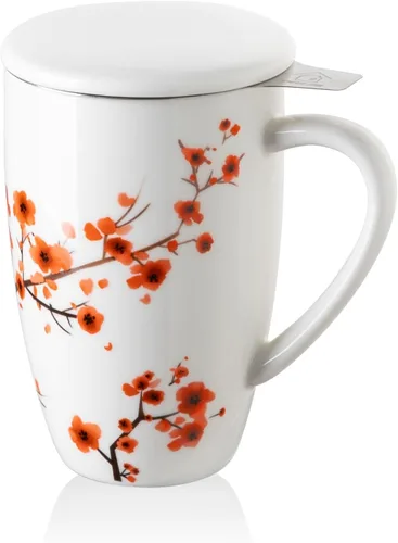 Miniatura 15 de Sweejar Taza infusora de té de porcelana con tapa, taza de té de 16 onzas con coladores para té de hojas sueltas, taza de café apta para microondas