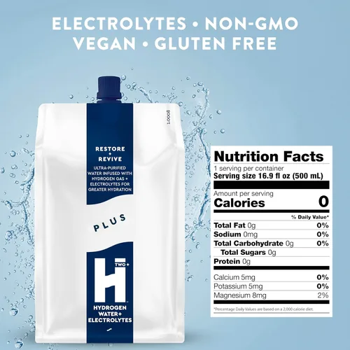 Miniatura 2 de HTWO Plus Agua de hidrógeno molecular con electrolitos, paquetes de hidratación originales sin sabor, sin azúcar, paquete de 12 unidades de 16.9