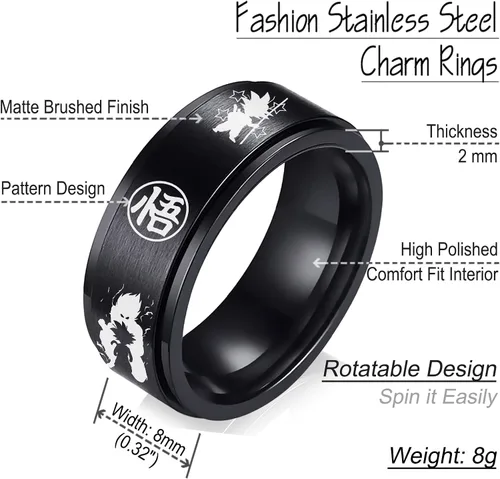 Miniatura 6 de YWDREAM Anillos de anime para hombres, joyería de anime, anillo giratorio de acero inoxidable negro, tamaño 6 a 13, Acero inoxidable, Resina