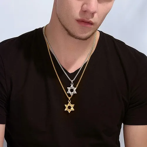 Miniatura 63 de U7 - Collar con Estrella de David para hombres y mujeres, dije hexagonal de acero inoxidable con cruz/piedra de rubí/collares clásicos judíos