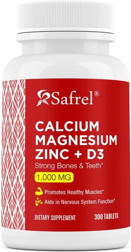 Safrel | Calcio Magnesio Zinc con Vitamina D3 | Calcio 1000 mg + Magnesio 400 mg + Zinc 20 mg + D3 600 UI | Tabletas | 300 unidades | Apoyo óseo e