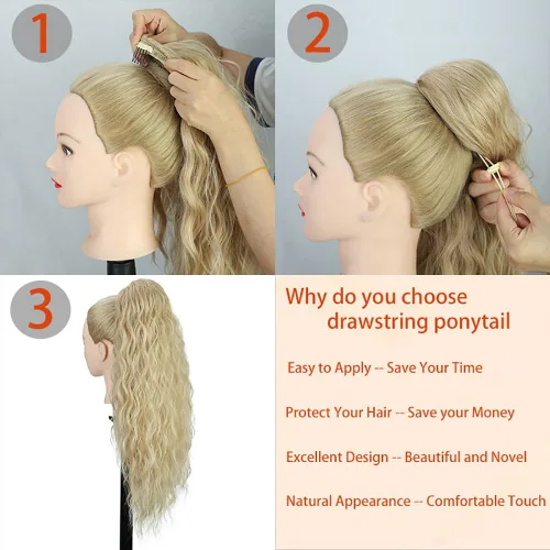 Miniatura 4 de Extensión de cola de caballo rubio con cordón para mujer, larga y rizada de 26 pulgadas, extensiones de cabello sintético natural, extensiones