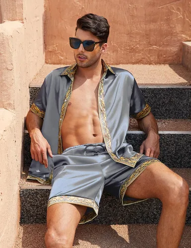 Miniatura 3 de OYOZONE Conjunto de camisa hawaiana y pantalón corto para hombre, conjunto de 2 piezas, estampado de lujo, casual, con botones, manga corta, camisa