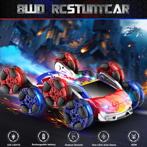 Miniatura 2 de OSIMILY Auto de control remoto 8WD, auto de acrobacias RC con detección de gestos de 2.4 GHz, auto RC con rotación de pulverización fría con luces