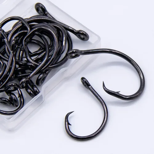 Miniatura 8 de Anzuelos Circulares para Agua Salada, Anzuelos de Pesca en Línea 5X Fuertes para Bagre 25pcs, Negro/Acero de Alto Carbono/Sin Desplazamiento/Ojo