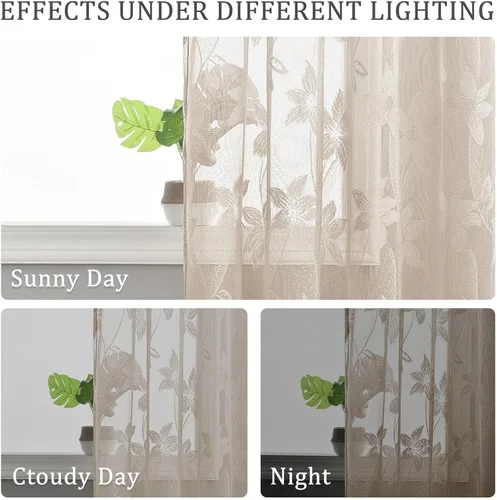Miniatura 5 de DWCN Cortinas traslúcidas para cocina, bolsillo para barra de encaje floral beige, 52 x 36 pulgadas, 2 paneles Encaje Beige