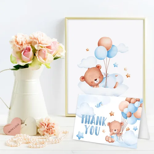 Miniatura 5 de AnyDesign Tarjetas de agradecimiento de oso para baby shower, paquete de 30 tarjetas de felicitación con globos de oso azul de dibujos animados